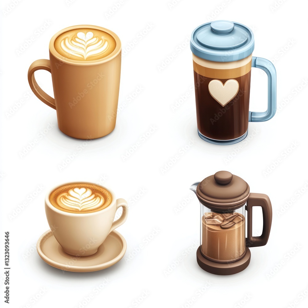 Obraz premium Four coffee drinks in realistic 3D style. Latte art, French press, and coffee maker