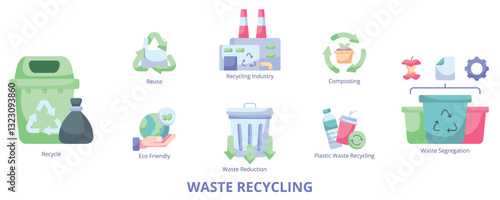 Waste Recycling Flat Banner Web Icon Set Vector Illustration, Recycle Reuse Recycling Industry Waste Reduction Eco Friendly Waste Segregation Composting Plastic 