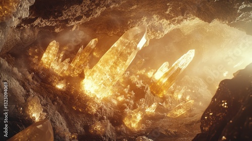 Golden Crystals Glimmering Deep Within a Mystical Cave