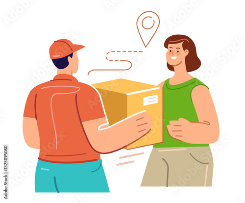 Delivery service, online shopping concept. Woman receives parcel from courier at home. Vector illustration flat design