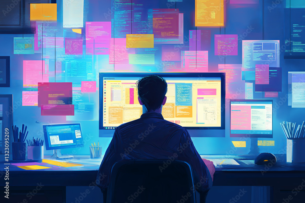 User Stares at Computer Screen Overflowing with Pop-Up Notifications and Alerts