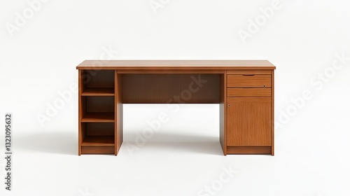 A particle board study desk with drawers and a built-in bookshelf.