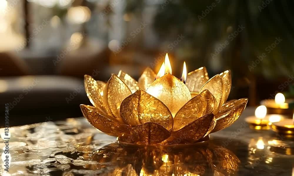 Carved Golden Lotus Flower Candle Glowing on White Surface Peaceful Buddhist Lent Ceremony Concept Carved Golden Lotus Flower Candle Glowing on White Surface Peaceful Buddhist Lent Ceremony Concept