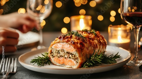 Salmon wellington concept. Festive Salmon Wellington Centerpiece on Elegant Dinner Table