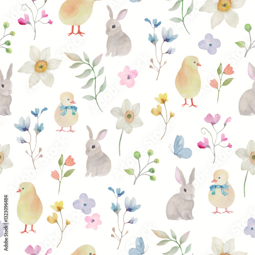 Watercolor Easter bunnies and chicks with a spring floral seamless pattern. Hand-drawn illustration on a pastel background. Vector EPS.