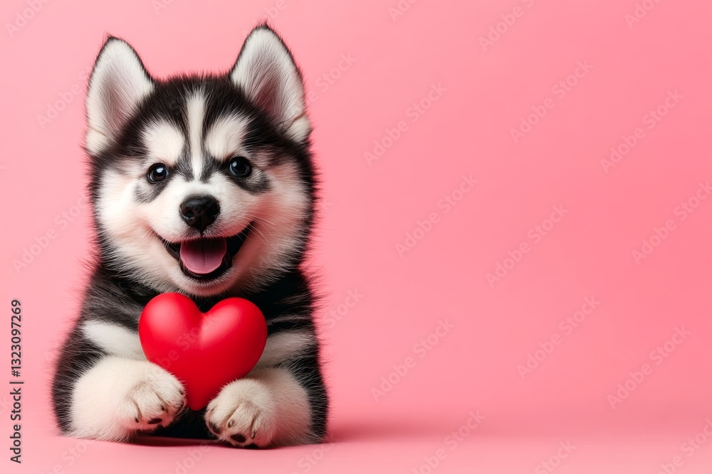 Cute alaskan malamute hound with animal toy red heart - emblem of love, funny greeting card. Ad campaign idea. Alaskan malamute - my cherished dog. Valentine's adorable furry friends. Cute alaskan malamute hound with animal toy red heart - emblem of love, funny greeting card. Ad campaign idea. Alaskan malamute - my cherished dog. Valentine's adorable furry friends.
