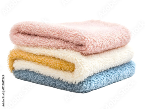A cozy stack of soft towels in pastel colors, perfect for a relaxing bathroom or spa atmosphere.