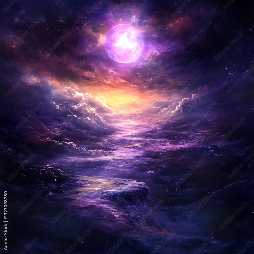 Fototapeta premium Ethereal Dreamscape A Purple Nebula and Celestial Landscape.