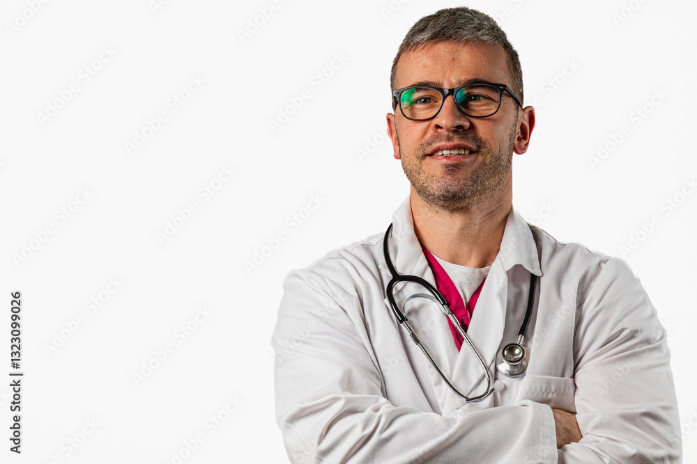 Medical professional in lab coat smiles confidently in clinical setting Medical professional in lab coat smiles confidently in clinical setting