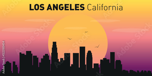 Silhouette of the city of Los Angeles, California against the backdrop of a picturesque sunset.