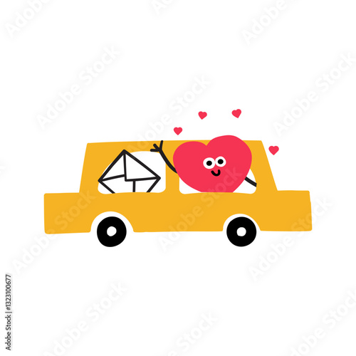 Heart rides in the car waving and smiling. Fun character. Valentine's day concept. Illustration
