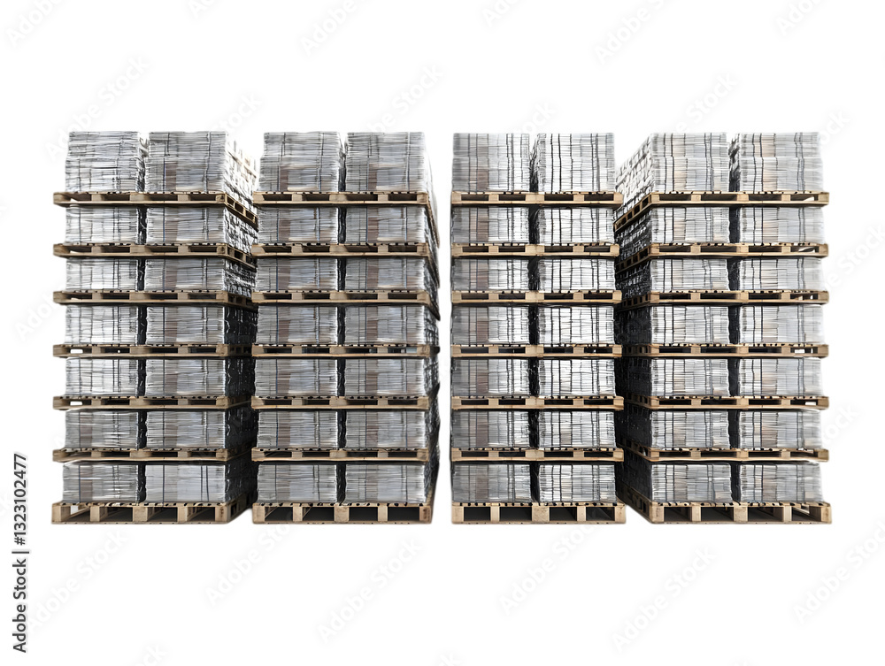 Stacked pallets organized in a warehouse, showcasing efficient storage solutions for logistics and manufacturing operations. Stacked pallets organized in a warehouse, showcasing efficient storage solutions for logistics and manufacturing operations.