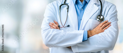 Confident Medical Professional in White Lab Coat with Stethoscope Crossed Arms in Modern Healthcare Setting photo