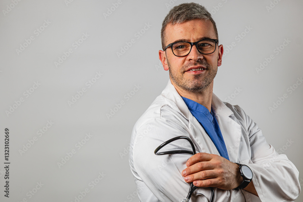Healthcare professional in a white coat poses confidently with a stethoscope Healthcare professional in a white coat poses confidently with a stethoscope