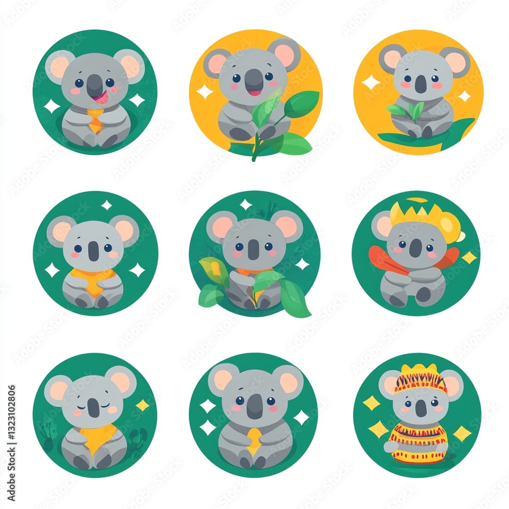 Nine cute koala illustrations in circles. Nine cute koala illustrations in circles.