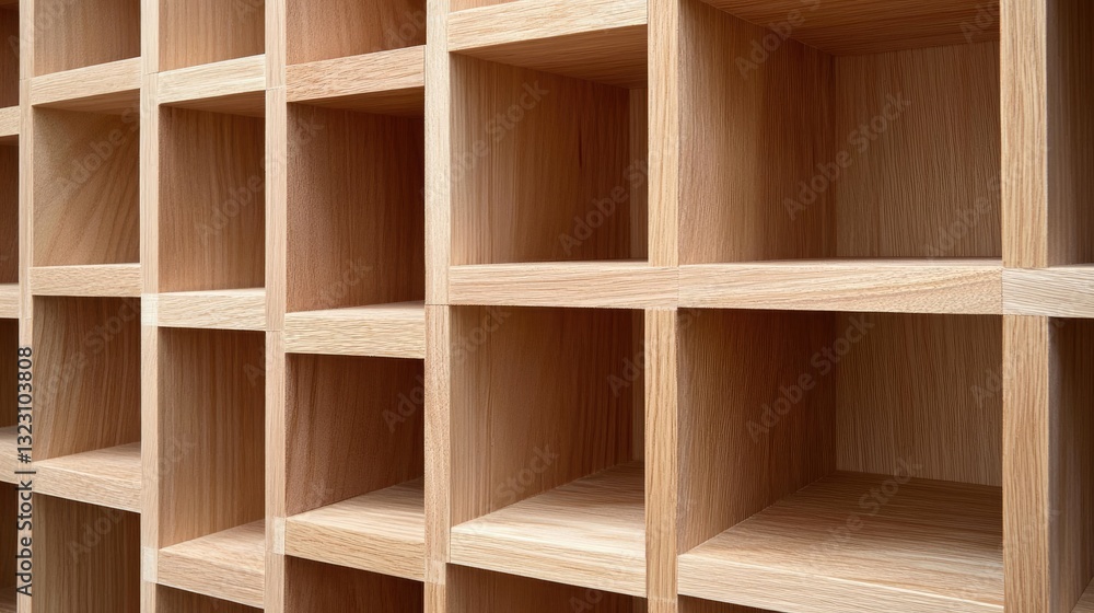 A wooden particle board shelf unit with multiple compartments. A wooden particle board shelf unit with multiple compartments.