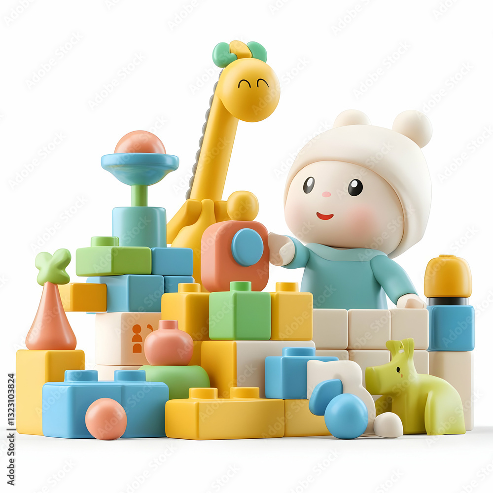 Colorful Toy Blocks and Cute Character Playing in a Playroom Scene Colorful Toy Blocks and Cute Character Playing in a Playroom Scene