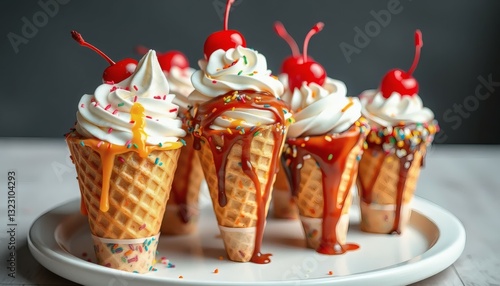 Wallpaper Mural Delicious Ice Cream Cones on White Plate with Cherries and Colorful Sprinkles Torontodigital.ca