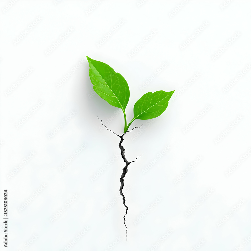Obraz premium Fresh Green Leaves Emerging from a Crack in a White Surface