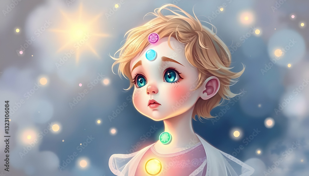 Enchanted Child with Shimmering Gems and Dreamy Background Enchanted Child with Shimmering Gems and Dreamy Background