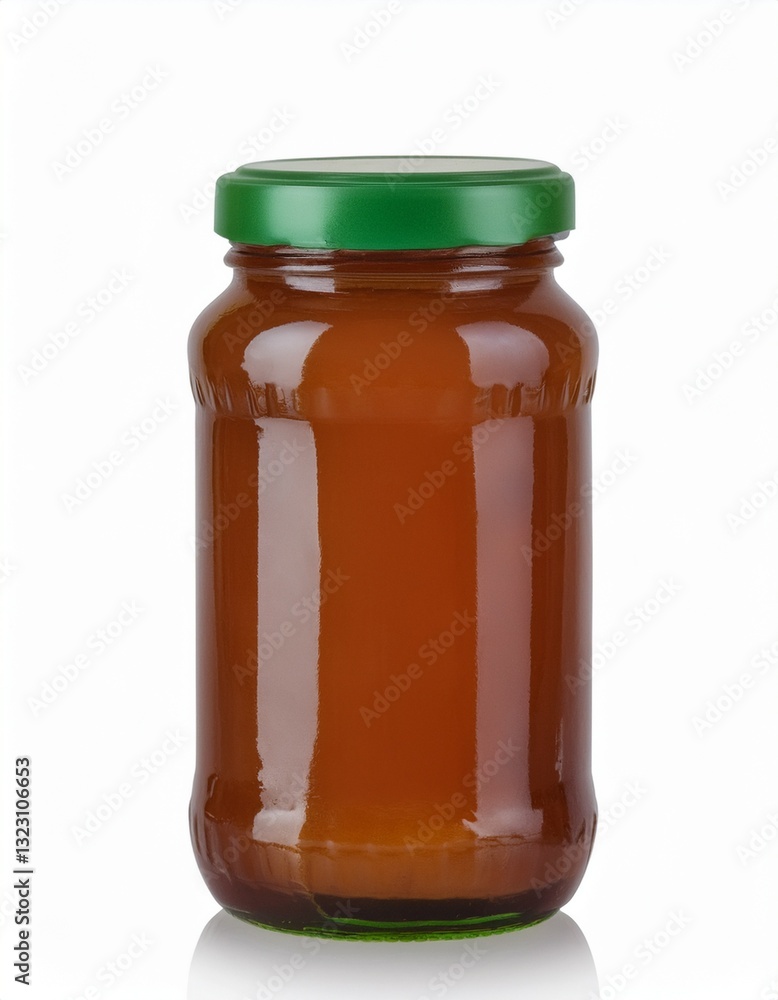 A glass jar of amber-colored preserve with a vibrant green lid. The simple packaging highlights the rich, natural product inside. A glass jar of amber-colored preserve with a vibrant green lid. The simple packaging highlights the rich, natural product inside.