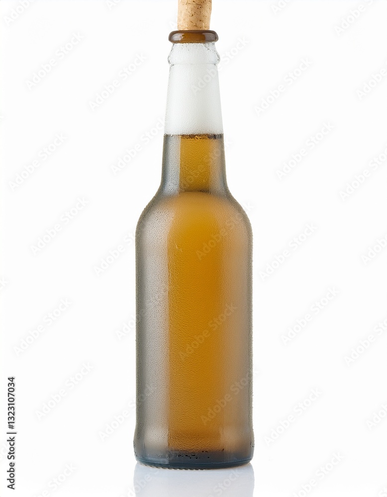 Close-up of a bottle of beer with a cork top against a white background. The beer is light amber in color and appears chilled. Close-up of a bottle of beer with a cork top against a white background. The beer is light amber in color and appears chilled.
