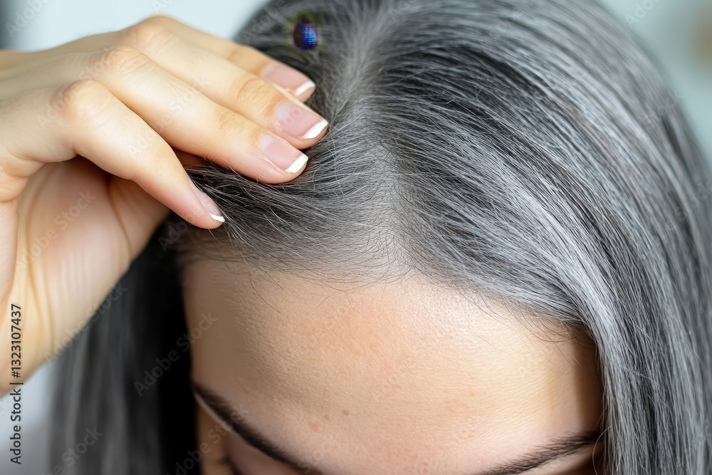 Obraz premium Portrait of a beautiful young woman examining her scalp and hair in front of the mirror, hair roots, color, grey hair, hair loss or dry scalp problem