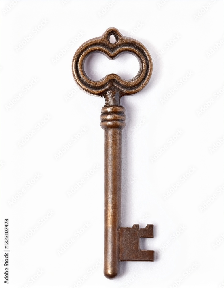 Antique skeleton key on white background. A timeless symbol of secrets and access. Antique skeleton key on white background. A timeless symbol of secrets and access.