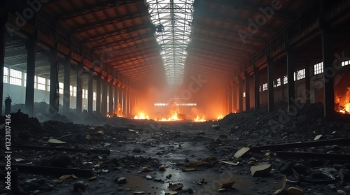 Fire-Damaged Structural Beams in a Commercial Building, Showcasing Burnt Wood and Charred Debris