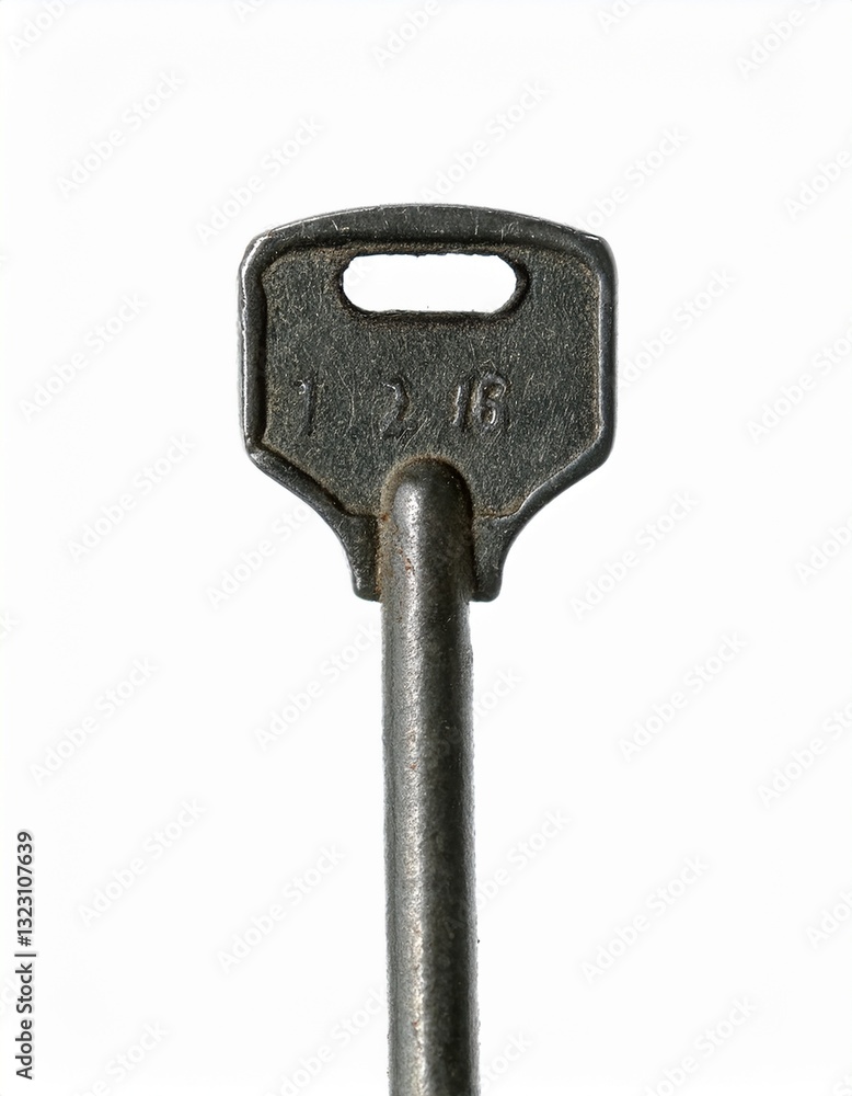 Close-up of an old metal key against a white background. The key shows signs of wear and age, adding to its character. Close-up of an old metal key against a white background. The key shows signs of wear and age, adding to its character.