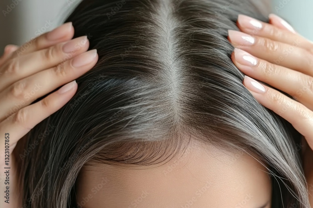 Portrait of a beautiful young woman examining her scalp and hair in front of the mirror, hair roots, color, grey hair, hair loss or dry scalp problem Portrait of a beautiful young woman examining her scalp and hair in front of the mirror, hair roots, color, grey hair, hair loss or dry scalp problem
