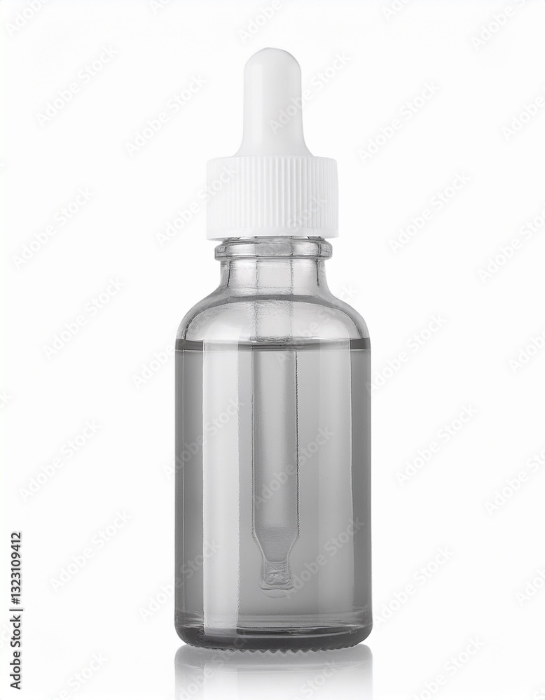 Clear glass bottle with a dropper, filled with a translucent liquid. Perfect for essential oils or serums. Clear glass bottle with a dropper, filled with a translucent liquid. Perfect for essential oils or serums.