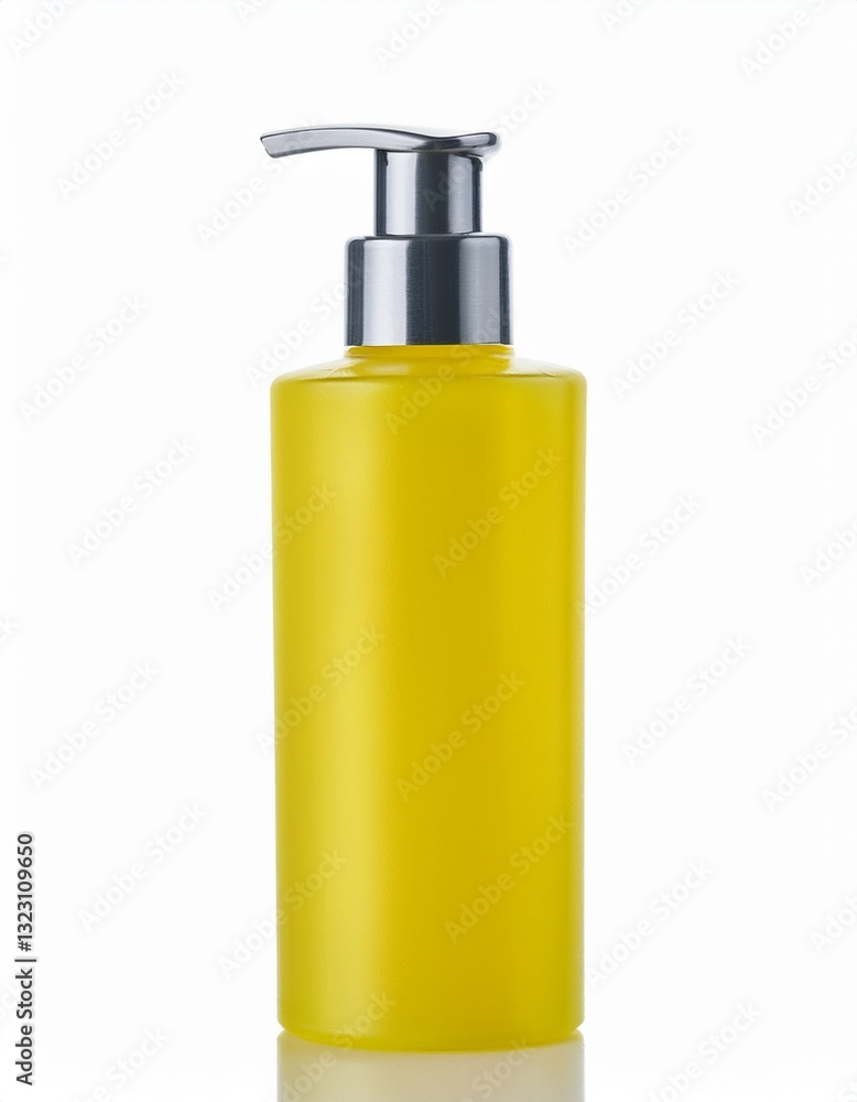 Bright yellow liquid soap bottle with a sleek silver pump dispenser. Clean and modern design. Bright yellow liquid soap bottle with a sleek silver pump dispenser. Clean and modern design.
