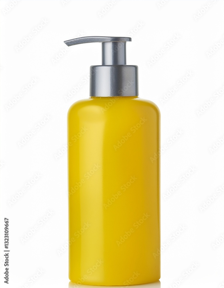 Bright yellow pump bottle against a white background. Perfect for your beauty or cleaning product packaging mockups. Bright yellow pump bottle against a white background. Perfect for your beauty or cleaning product packaging mockups.