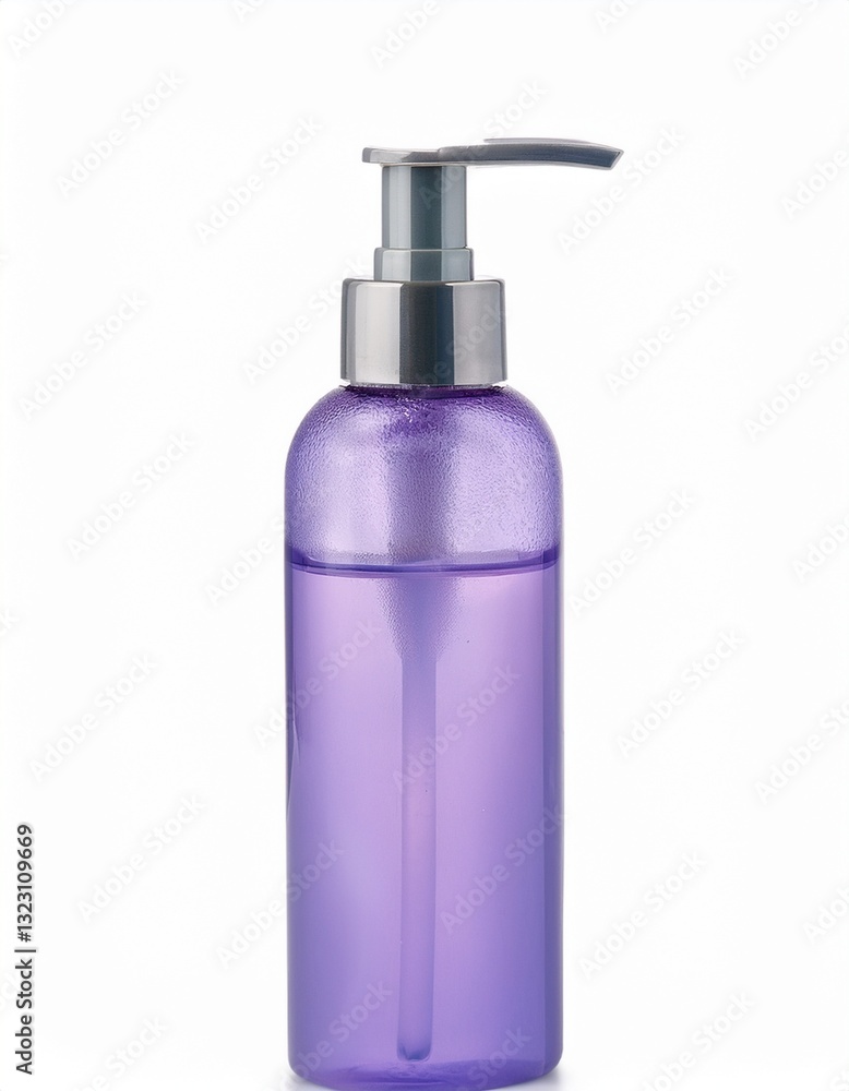 A lavender-colored pump bottle filled with liquid. The bottle is made of plastic with a frosted or textured surface. The pump is silver-toned. A lavender-colored pump bottle filled with liquid. The bottle is made of plastic with a frosted or textured surface. The pump is silver-toned.