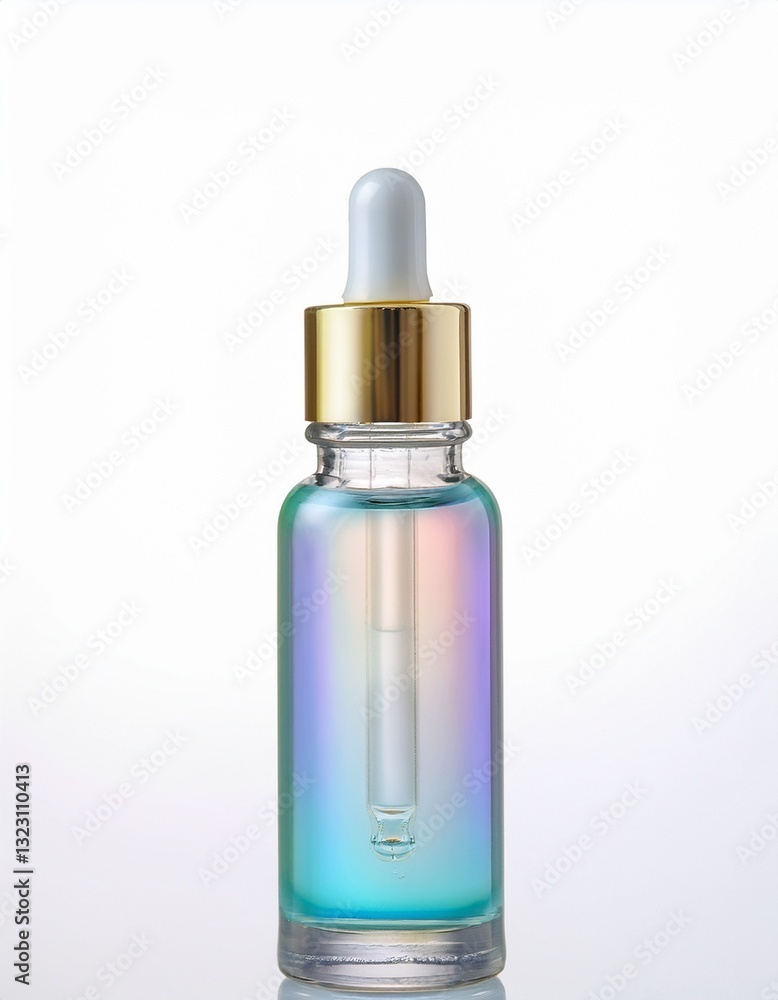 Glass dropper bottle with iridescent teal liquid. Perfect for showcasing beauty products or skincare. Glass dropper bottle with iridescent teal liquid. Perfect for showcasing beauty products or skincare.
