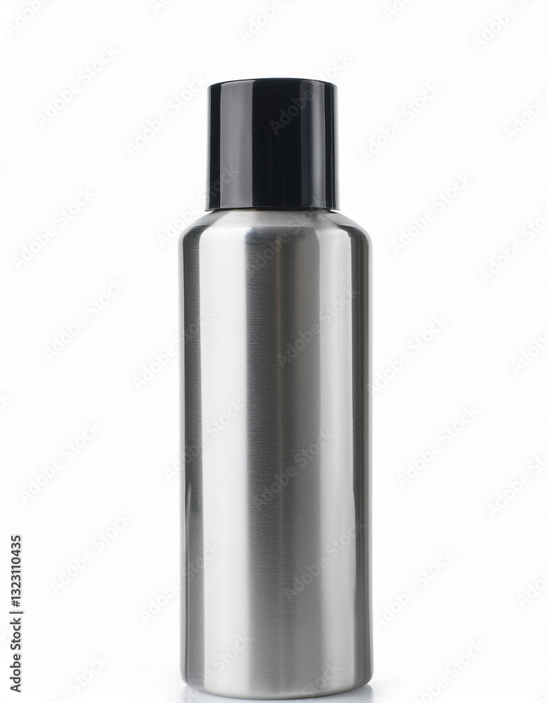 Sleek silver bottle with a black cap, perfect for showcasing your product. Minimalist design, clean background. Sleek silver bottle with a black cap, perfect for showcasing your product. Minimalist design, clean background.