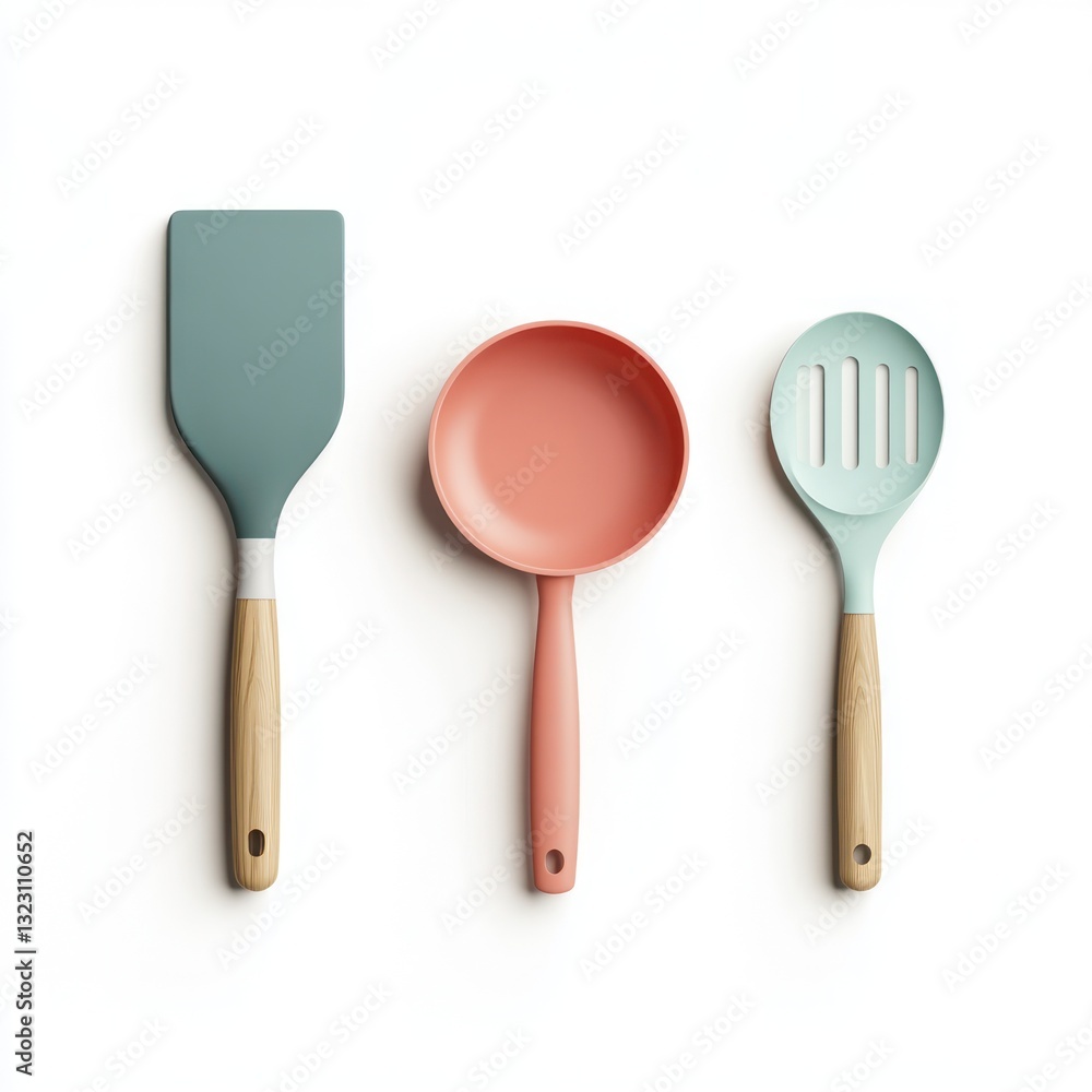 Colorful kitchen utensils set. A spatula, pan, and slotted spoon in pastel colors with wooden handles Colorful kitchen utensils set. A spatula, pan, and slotted spoon in pastel colors with wooden handles