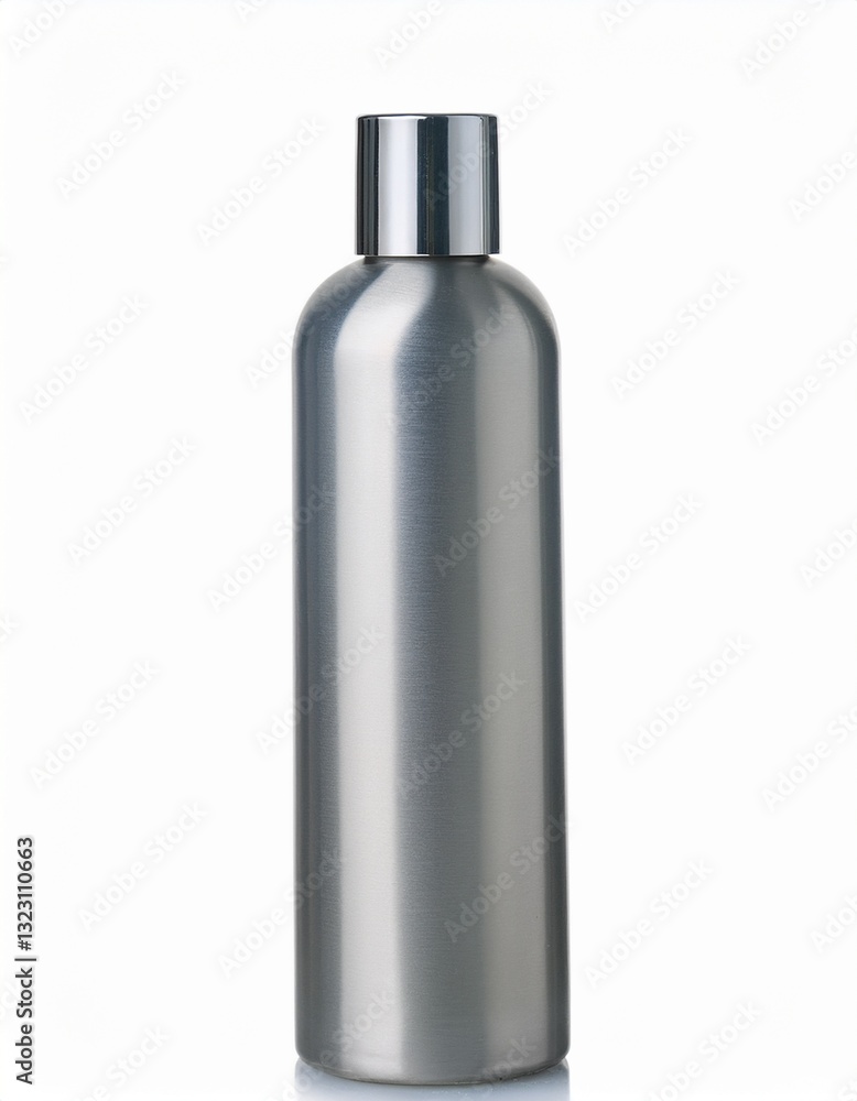 Sleek silver bottle with a metallic cap. Perfect for lotions, shampoos, or other beauty products. Sleek silver bottle with a metallic cap. Perfect for lotions, shampoos, or other beauty products.