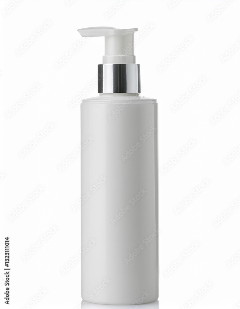 Sleek white pump bottle with a silver collar, perfect for lotions, shampoos, or other beauty products. Clean and modern design. Sleek white pump bottle with a silver collar, perfect for lotions, shampoos, or other beauty products. Clean and modern design.