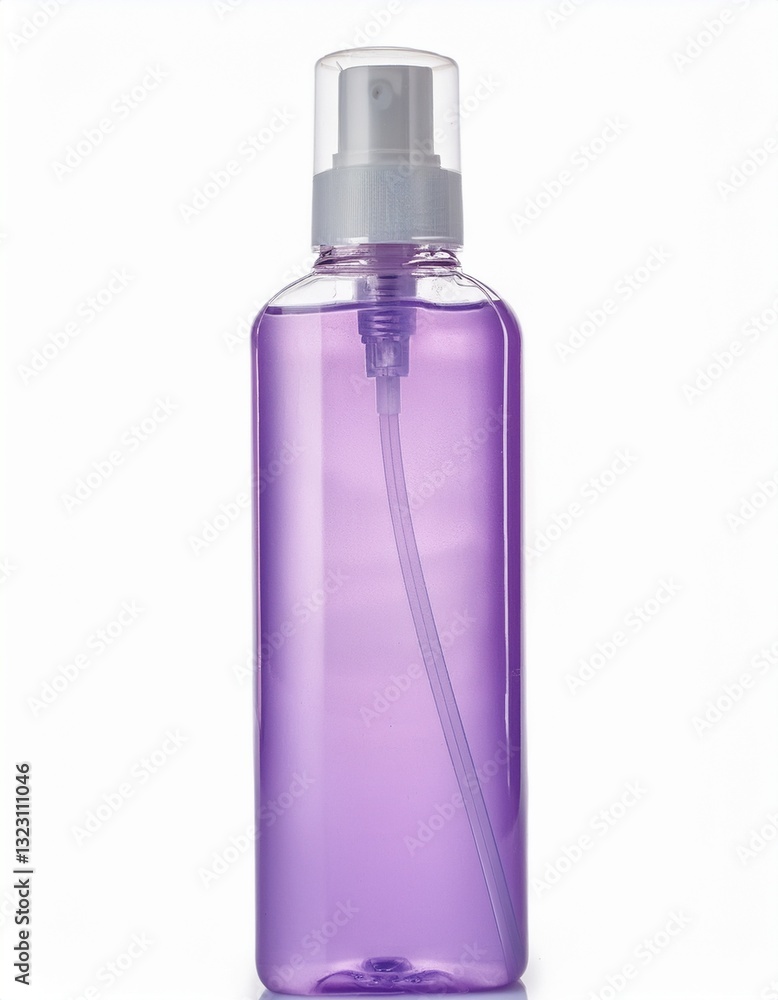 A close-up shot of a bottle of light purple liquid with a spray top. The bottle is transparent and rectangular. A close-up shot of a bottle of light purple liquid with a spray top. The bottle is transparent and rectangular.