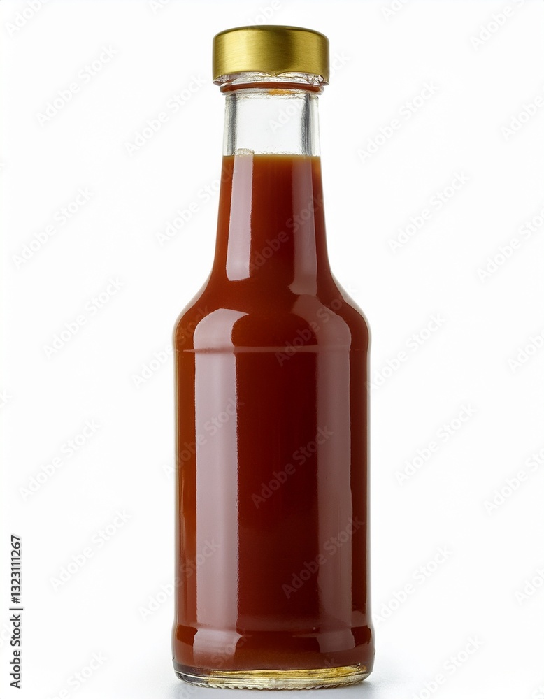 A glass bottle of hot sauce with a gold cap sits against a white background. The rich, dark red sauce is inviting and ready to spice up any dish. A glass bottle of hot sauce with a gold cap sits against a white background. The rich, dark red sauce is inviting and ready to spice up any dish.