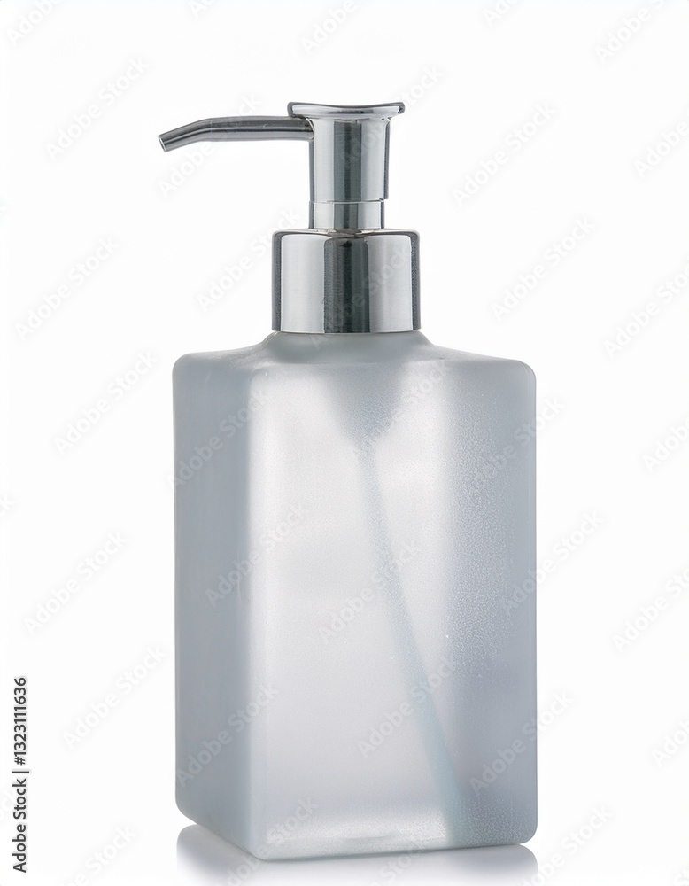 Sleek frosted glass soap dispenser with a modern chrome pump. Perfect for a minimalist bathroom. Sleek frosted glass soap dispenser with a modern chrome pump. Perfect for a minimalist bathroom.