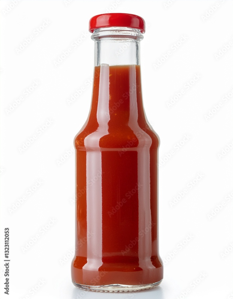 A glass bottle of tomato sauce with a red cap. The sauce is a rich, deep red color, and the bottle is full to the top. A glass bottle of tomato sauce with a red cap. The sauce is a rich, deep red color, and the bottle is full to the top.
