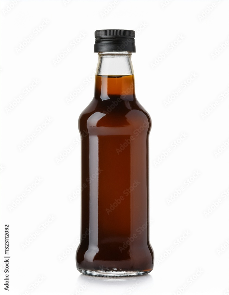 A dark amber-colored liquid fills a clear glass bottle with a black cap. The bottle stands against a bright white background. A dark amber-colored liquid fills a clear glass bottle with a black cap. The bottle stands against a bright white background.