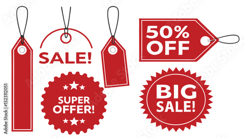 Red Sale Tags and Discount Labels – Promotional Super Offer, Big Sale, and 50% Off Price Tags for E-Commerce, Shopping, and Marketing"
