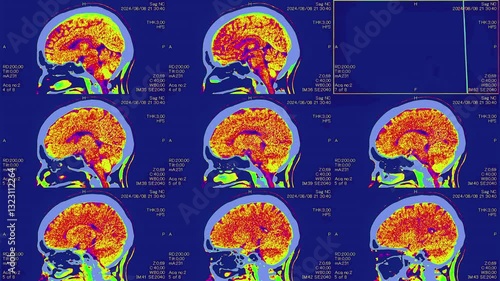 Magnetic resonance images of the head and neck, MRI of the brain, side viev of a patient with multiple vascular infarctions, contrast study, color animation Seamless Loop