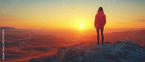 A silhouette of a young woman standing at the edge of a cliff, gazing out at the setting sun, her posture one of contemplation and inner strength. 