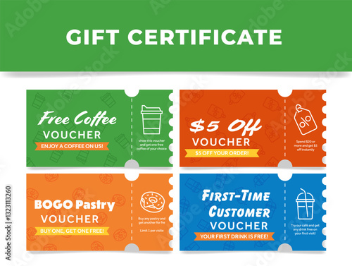 Gift certificate templates for coffee shops offering deals such as free coffee, discounts and special offers for new customers