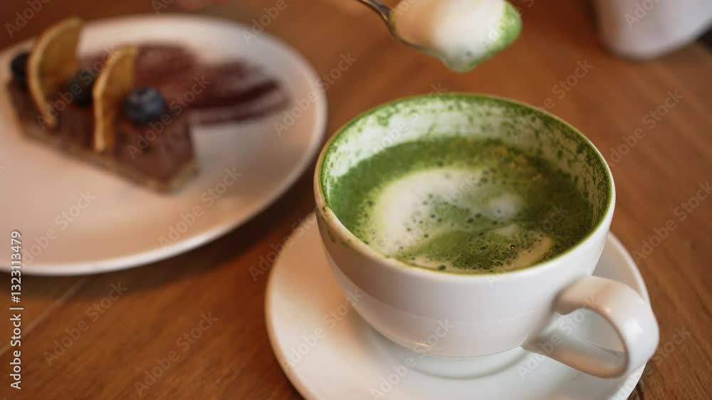 Barista pouring creamy milk foam onto vibrant green matcha latte, accompanied by chocolate dessert garnished with fresh citrus and berries Barista pouring creamy milk foam onto vibrant green matcha latte, accompanied by chocolate dessert garnished with fresh citrus and berries